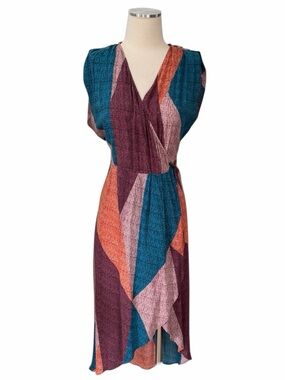VIX Paula Hermanny Geometric Wrap Midi Dress in Teal, Plum & Coral Sz S